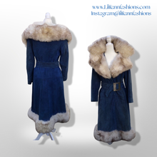 Load image into Gallery viewer, 1970’s Vintage Blue Suede and Fox Fur Belted Bohemian Boho Chic Princess Hippy Burning Man Coachella Festival Fall Winter Coat