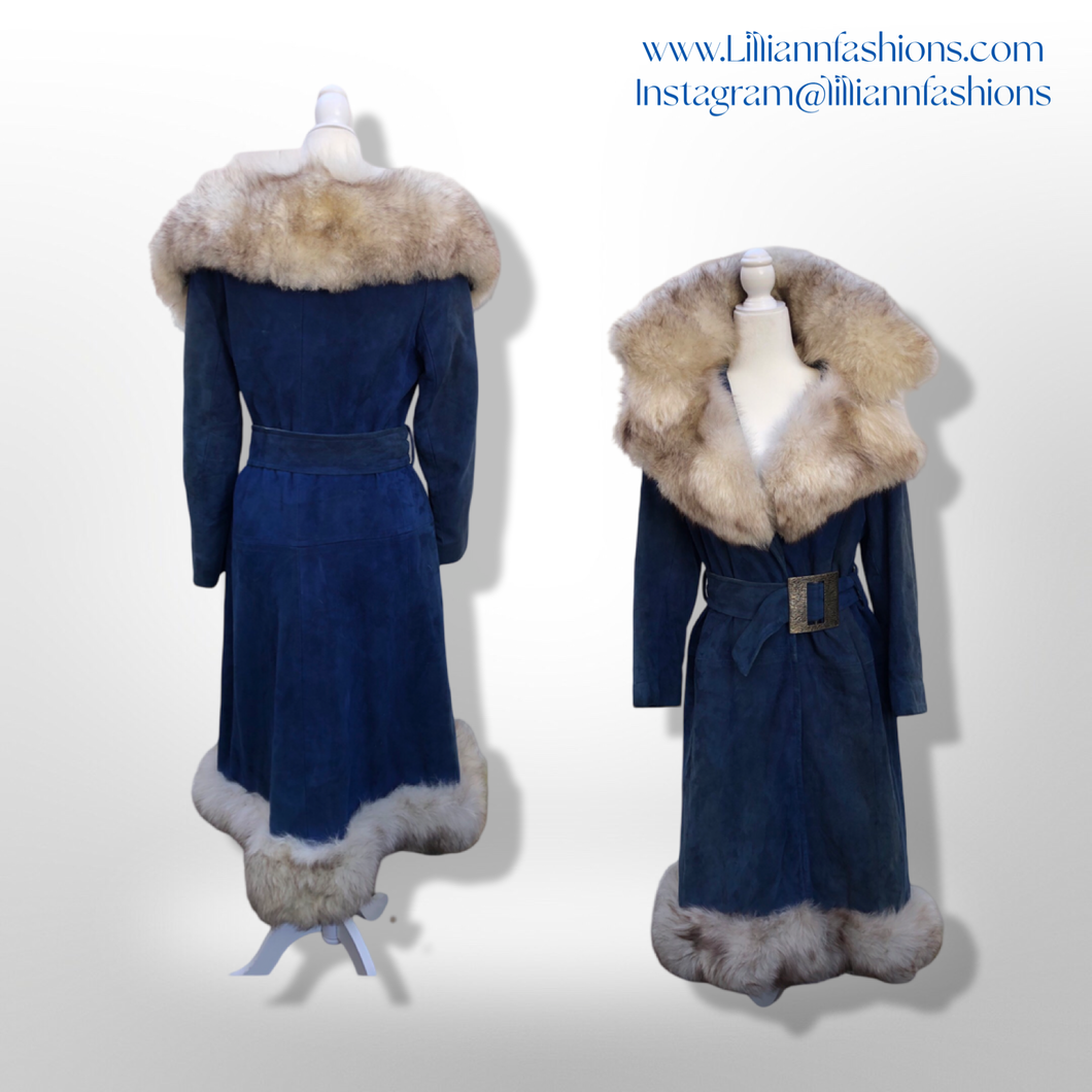 1970’s Vintage Blue Suede and Fox Fur Belted Bohemian Boho Chic Princess Hippy Burning Man Coachella Festival Fall Winter Coat