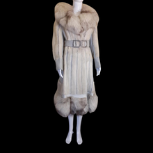 Load image into Gallery viewer, 70s Women&#39;s Vintage Coat and Hat- White Norwegian Silver Fur Lux Leather Mink Trench Hat Spy Belted Princess Coat Boho Chic