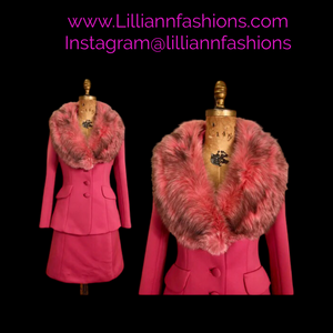 60’s Vintage Pink Lilli Ann Two Piece Skirt Suit with Pink Silver Fox Fur Collar