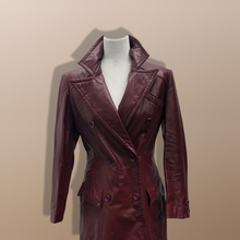 Load image into Gallery viewer, Vintage 70’s Leather Coat Trench Spy Collar Business Career Fitted Women’s Oxblood Maroon Bergundy
