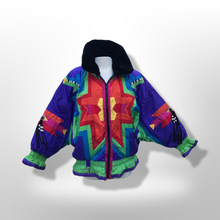 Load image into Gallery viewer, 80’s 90’s Neiman Marcus Genuine Down Puffer Coat in Rainbow Apres Ski “In Living Color” Pride Oversized Chubby Coat Rare Ski Winter Suede Fringr Native American Inspired Style