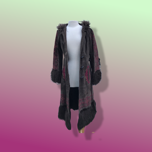 Boho Embroidered Suede Brown and Magenta faux shearling princess hooded coat