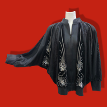 Load image into Gallery viewer, Vintage Glam 80’s Couture Neiman Marcus Leather Dolman Batwing Cocoon Black Leather Suede Hand Beaded Sequined Jacket Studio 54 80’s Iman Style One Size Fits Most