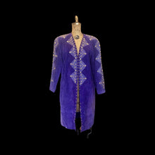 Load image into Gallery viewer, Suede Purple Studded Coat Purple Rain Prince Gold Metal Studded 80's Total Glam Long Throw Coat M/L/XL 1980s