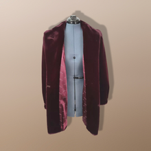 Load image into Gallery viewer, Vintage Red Wine Bergundy 80’s Does 40’s Puff Sleeve Coat Faux Fur with Leather Intarsia Glam Old Hollywood Glamour Vegan