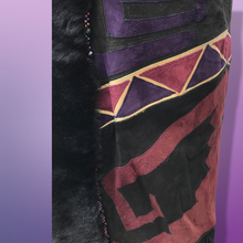 Load image into Gallery viewer, Purple Suede and Genuine Shearling Mosaic Coat with Fringe Western Aztec  Native Cowgirl Inspired Magenta Black and Gold
