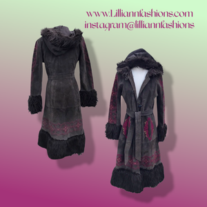 Boho Embroidered Suede Brown and Magenta faux shearling princess hooded coat