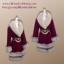 Load image into Gallery viewer, Women's Vintage Coat~ 70s Maroon Red Velveteen Velvet Shearling Tiered Princess Beaded  Belted Coat Fit Flare Penny Lane Almost Famous