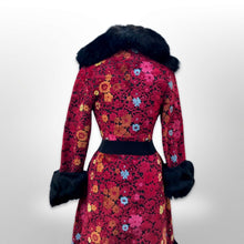 Load image into Gallery viewer, 60’s 70’s Rare Red Carpet Tapestry Coat Needlepoint Floral Exotic Design with Genuine Fox Fur and Goat Shearling Trim Jeweled Belt Small Petite