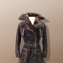 Load image into Gallery viewer, 60’s 70’s Suede Trench with Shearling Collar Made in Brazil Princess Fit and Flare