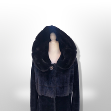 Load image into Gallery viewer, Jet Black Hooded Mink and Shearling Luxury Coat with Rhinestone Button