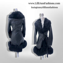 Load image into Gallery viewer, Vintage 60’s 70’s LIlli Ann Made in UK Black Leather Shearling Princess Boho Fit and Flare Coat Pinup