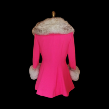 Load image into Gallery viewer, 60s Pink Lilli Ann Norwegian Fox Fur Coat Fit and Flare Neon Florescent Bright Pink Double Breasted Princess