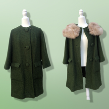 Load image into Gallery viewer, 60’s Green Vintage Coat Wear Two Ways Removable Fox Fur Swing Coat Boucle Wool