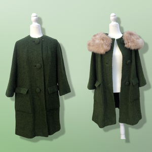 60’s Green Vintage Coat Wear Two Ways Removable Fox Fur Swing Coat Boucle Wool