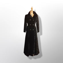 Load image into Gallery viewer, 60&#39;s 70&#39;s Black Raised Velvet Coat Fit and Flare Victorian Gothic Double Breasted Full Length Princess