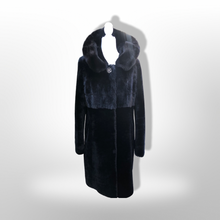 Load image into Gallery viewer, Jet Black Hooded Mink and Shearling Luxury Coat with Rhinestone Button