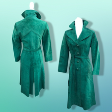 Load image into Gallery viewer, Emerald Green Suede 70’s Coat Rounded Collar Studio 54 Trench Spy Coat