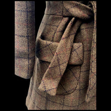 Load image into Gallery viewer, Tweed Plaid Wool Army Green Wrap Coat With Shearling Collar