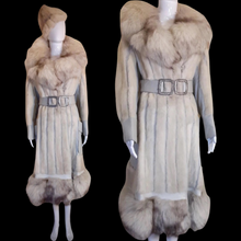 Load image into Gallery viewer, 70s Women&#39;s Vintage Coat and Hat- White Norwegian Silver Fur Lux Leather Mink Trench Hat Spy Belted Princess Coat Boho Chic