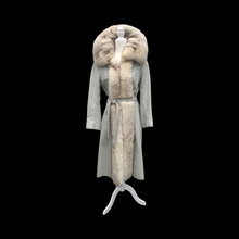 Load image into Gallery viewer, Vintage 60’s 70’s Blue Gray Leather and Norwegian Fox Fur Tuxedo Coat