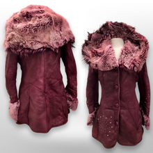 Load image into Gallery viewer, Italian made Purple Bergundy Lamb Leather and Shearling Hooded Studded Coat Jacket