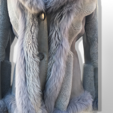 Load image into Gallery viewer, Gray Blue Suede Shearling Hooded Flare Bell Sleeve Coat