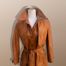 Load image into Gallery viewer, 70’s Vintage Two Piece with Removable Vest with Coat Leather Caramel Colored Trench Spy Coat Belted