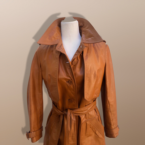 70’s Vintage Two Piece with Removable Vest with Coat Leather Caramel Colored Trench Spy Coat Belted