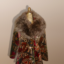 Load image into Gallery viewer, 70’s Vintage Coat Velvet Boho Lamb Shearling Tapestry Coat Gold Bergundy Brocade Carpet Hippy Royalty Penny Lane Almost Famous M Russian Princess matching purse