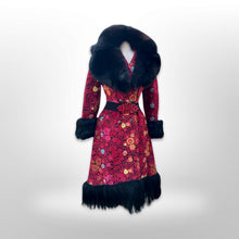 Load image into Gallery viewer, 60’s 70’s Rare Red Carpet Tapestry Coat Needlepoint Floral Exotic Design with Genuine Fox Fur and Goat Shearling Trim Jeweled Belt Small Petite