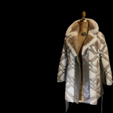 Load image into Gallery viewer, 60s Geometric Jessica Simpson Leather Coat --Mod Mosaic Mink White and Brown Patchwork ColorBlock Coat S/M
