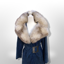 Load image into Gallery viewer, 1970’s Vintage Blue Suede and Fox Fur Belted Bohemian Boho Chic Princess Hippy Burning Man Coachella Festival Fall Winter Coat