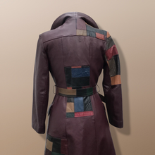 Load image into Gallery viewer, 70s Leather Coat l Maroon Patchwork Fit Flare Trench Spy Boho Studio 54 Mosaic boho chic One of a Kind