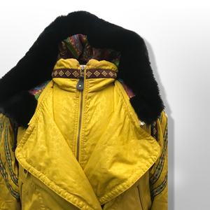 80’s 90’s Yellow Mustard Hooded Ski Windbreaker Jacket Cropped Tapered Waist Southwestern Aztec Trim