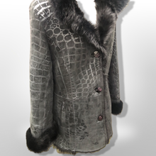 Load image into Gallery viewer, Black Hooded Shearling Suede Coat Alligator Print with Full Shearling Lining