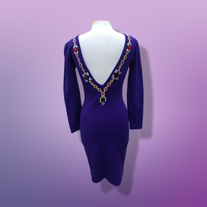 80’s 90’s Purple Sweater Dress with Jeweled Detail Fitted Hourglass Figure