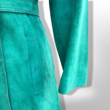 Load image into Gallery viewer, Emerald Green Suede 70’s Coat Rounded Collar Studio 54 Trench Spy Coat