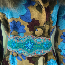 Load image into Gallery viewer, 60’s 70’s Tapestry Carpet Coat Blue Turquoise Green Beaded Belt Fur Fox Norwegian Collar