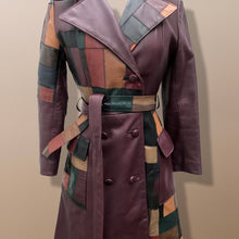 Load image into Gallery viewer, 70s Leather Coat l Maroon Patchwork Fit Flare Trench Spy Boho Studio 54 Mosaic boho chic One of a Kind