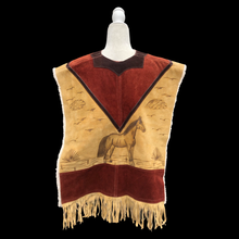 Load image into Gallery viewer, 70’s Suede Poncho Cape Equestrian Serape with Carved Horse Scene Mint Condition Fringe Border One Size Fits All Cowboy Cowgirl Unisex Southwestern Mexican Native Boho One of A Kind