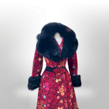 Load image into Gallery viewer, 60’s 70’s Rare Red Carpet Tapestry Coat Needlepoint Floral Exotic Design with Genuine Fox Fur and Goat Shearling Trim Jeweled Belt Small Petite