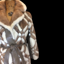 Load image into Gallery viewer, 60s Geometric Jessica Simpson Leather Coat --Mod Mosaic Mink White and Brown Patchwork ColorBlock Coat S/M