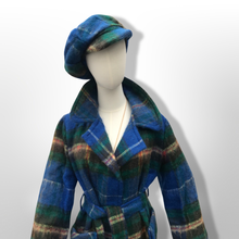 Load image into Gallery viewer, Made in Scotland Scottish Pure Mohair and Wool Plaid Coat Hat Scarf Three Piece Set Blue Yellow Wrap Style