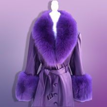 Load image into Gallery viewer, Purple Lamb Leather and Fox Fur Trench Fit and Flare Coat