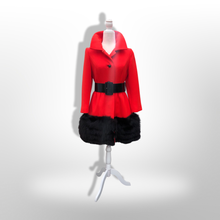 Load image into Gallery viewer, Women's Vintage Lilli Ann Coat- Lipstick Red Orange Bright 60's Mod Wool Thick Tiered Black Fox Fur Trim Fit Flare Princess Small Pinup