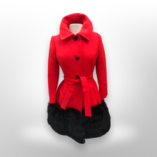 Load image into Gallery viewer, Women's Vintage Lilli Ann Coat- Lipstick Red Orange Bright 60's Mod Wool Thick Tiered Black Fox Fur Trim Fit Flare Princess Small Pinup