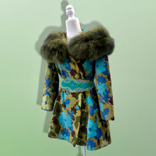 Load image into Gallery viewer, 60’s 70’s Tapestry Carpet Coat Blue Turquoise Green Beaded Belt Fur Fox Norwegian Collar