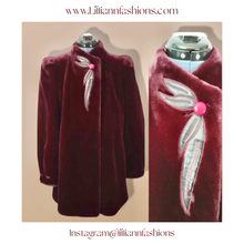 Load image into Gallery viewer, Vintage Red Wine Bergundy 80’s Does 40’s Puff Sleeve Coat Faux Fur with Leather Intarsia Glam Old Hollywood Glamour Vegan